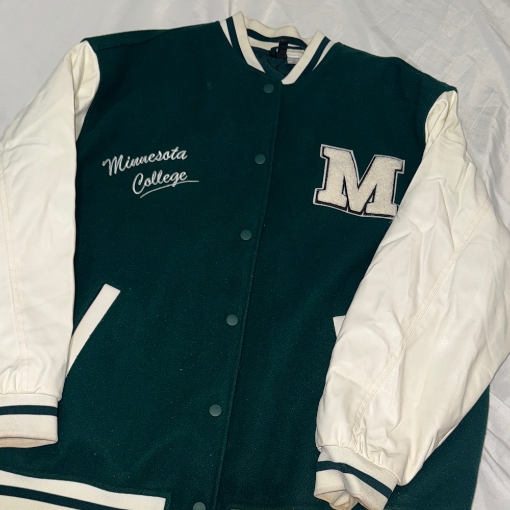H&M Dark Green and Cream Varsity Jacket